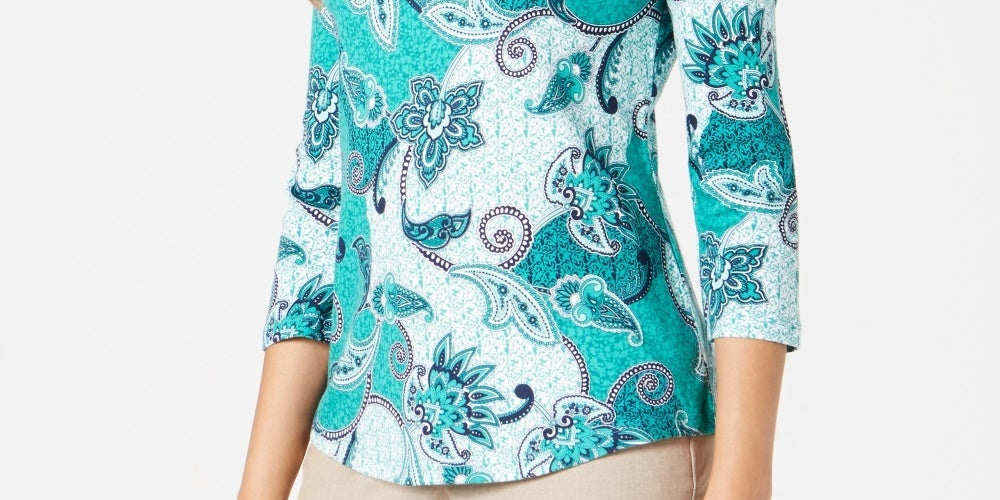 Camiseta feminina Charter Club de algodão estampado com manga 3/4, verde, tamanho X-G