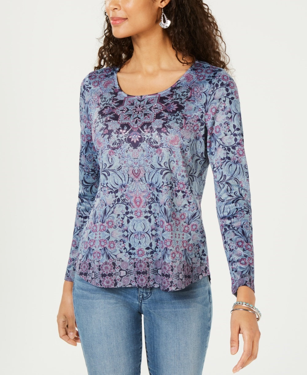 Blusa feminina de algodão com estampa floral estilo &amp; co, azul, tamanho extrapequeno