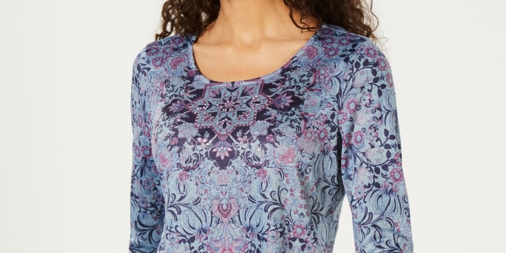 Blusa feminina de algodão com estampa floral estilo &amp; co, azul, tamanho extrapequeno
