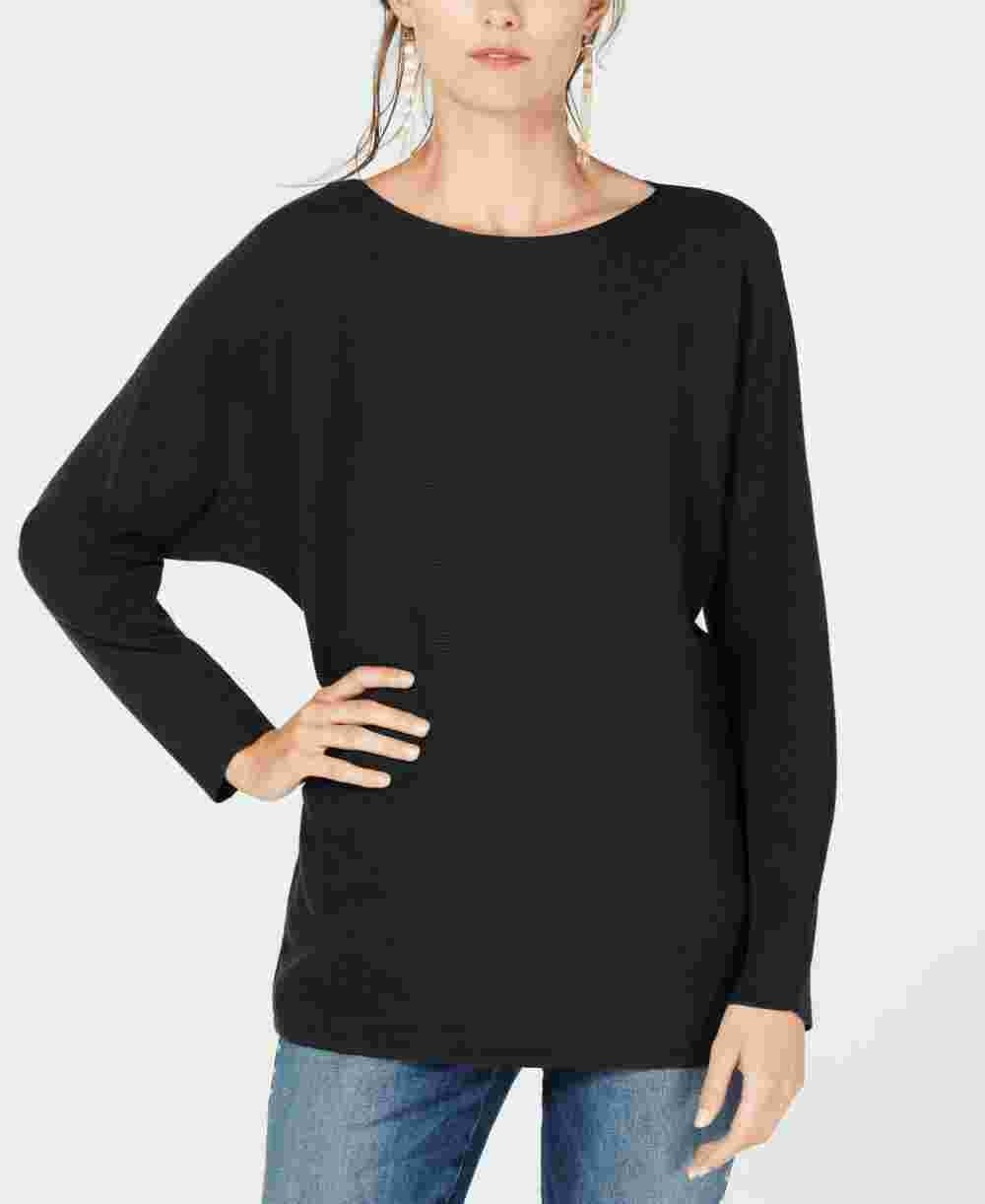 Suéter feminino de malha canelada com manga dolman e gola joia da INC International Concepts, preto, tamanho pequeno
