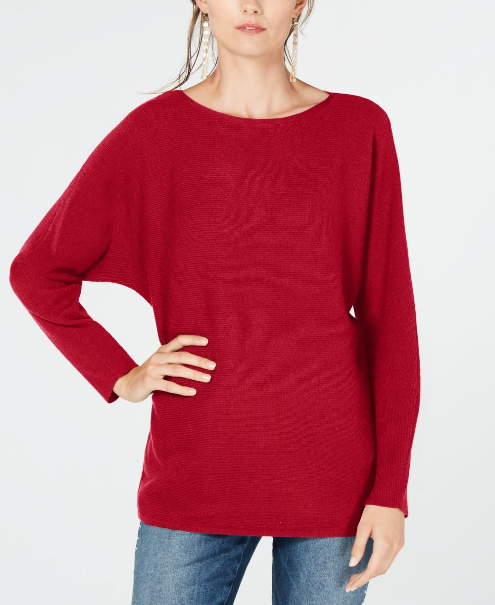 Suéter feminino de malha canelada com manga dolman da INC International Concepts, vermelho escuro, tamanho médio