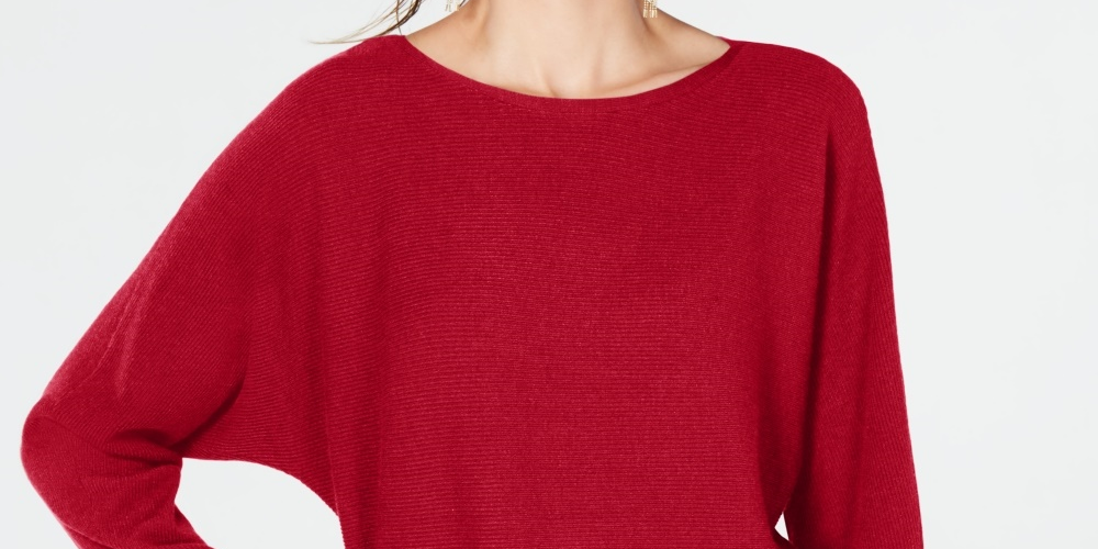 Suéter feminino de malha canelada com manga dolman da INC International Concepts, vermelho escuro, tamanho médio