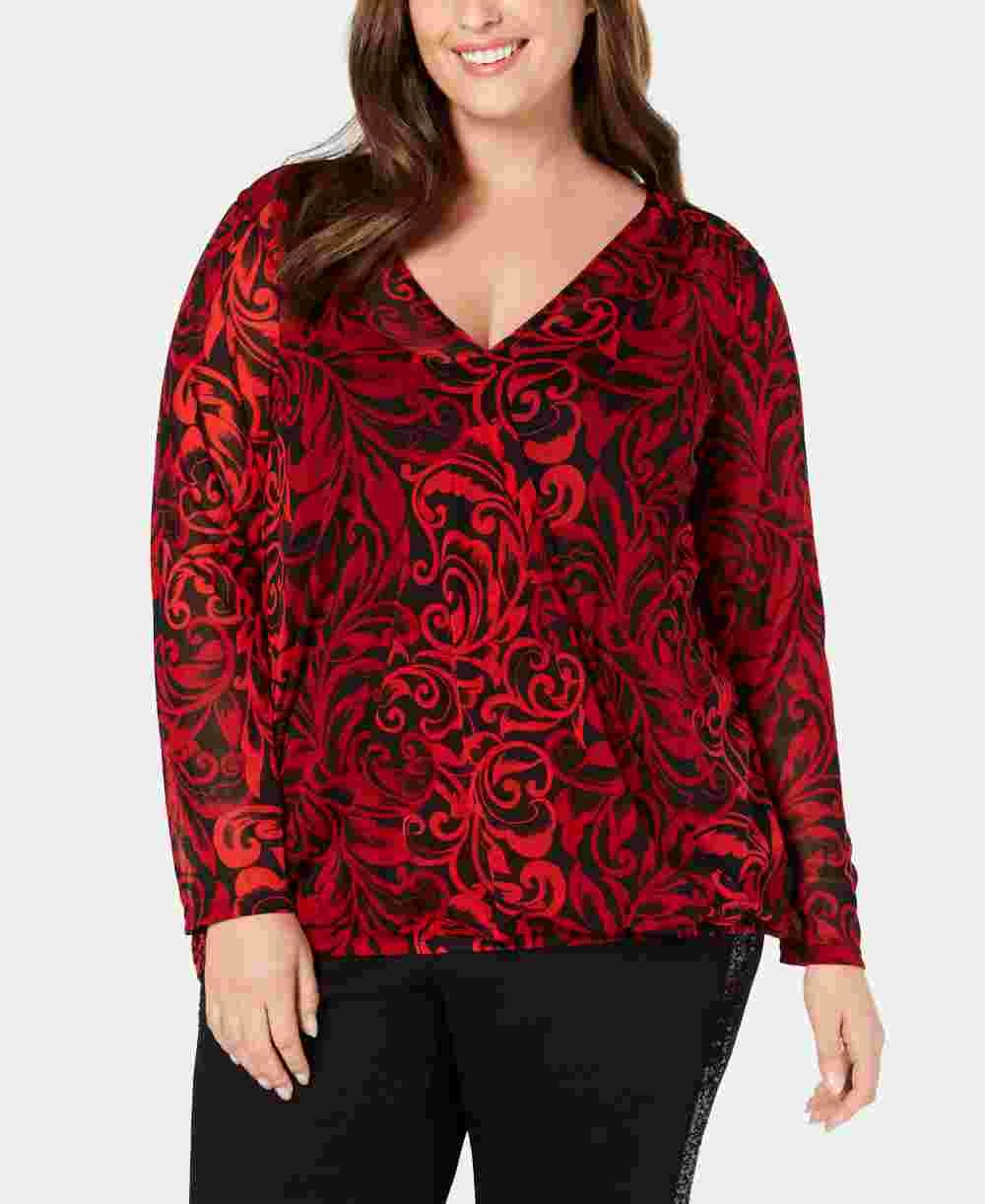 Blusa feminina INC International Concepts com sobrepeliz e estampa de pergaminho transparente, ilusão, vermelha, tamanho 0X