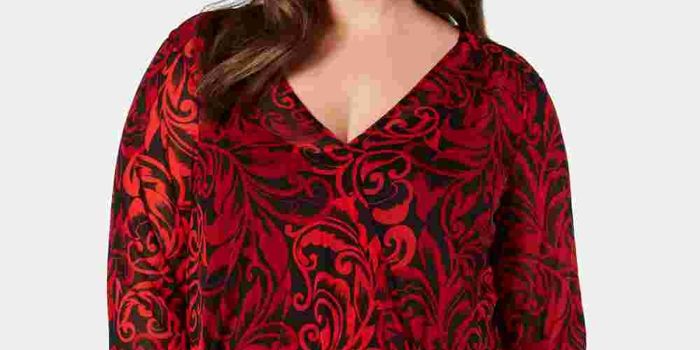 Blusa feminina INC International Concepts com sobrepeliz e estampa de pergaminho transparente, ilusão, vermelha, tamanho 0X