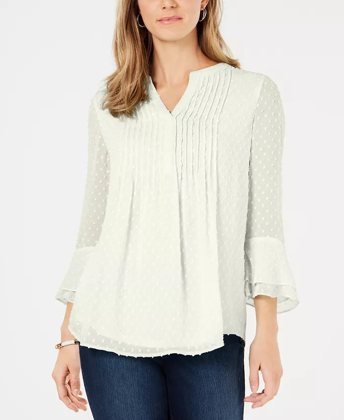 Charter Club Blusa feminina texturizada com babados duplos, branca, tamanho médio