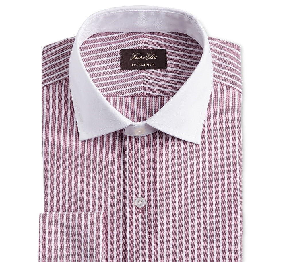 Camisa social masculina Tasso Elba Classic/Regular Fit, sem passar, de algodão Supima, com listras e punho francês, vermelha, tamanho 34-35