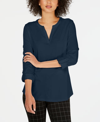 Charter Club Women's Petite Supima Cotton Split-Neck Top Blue Size 44