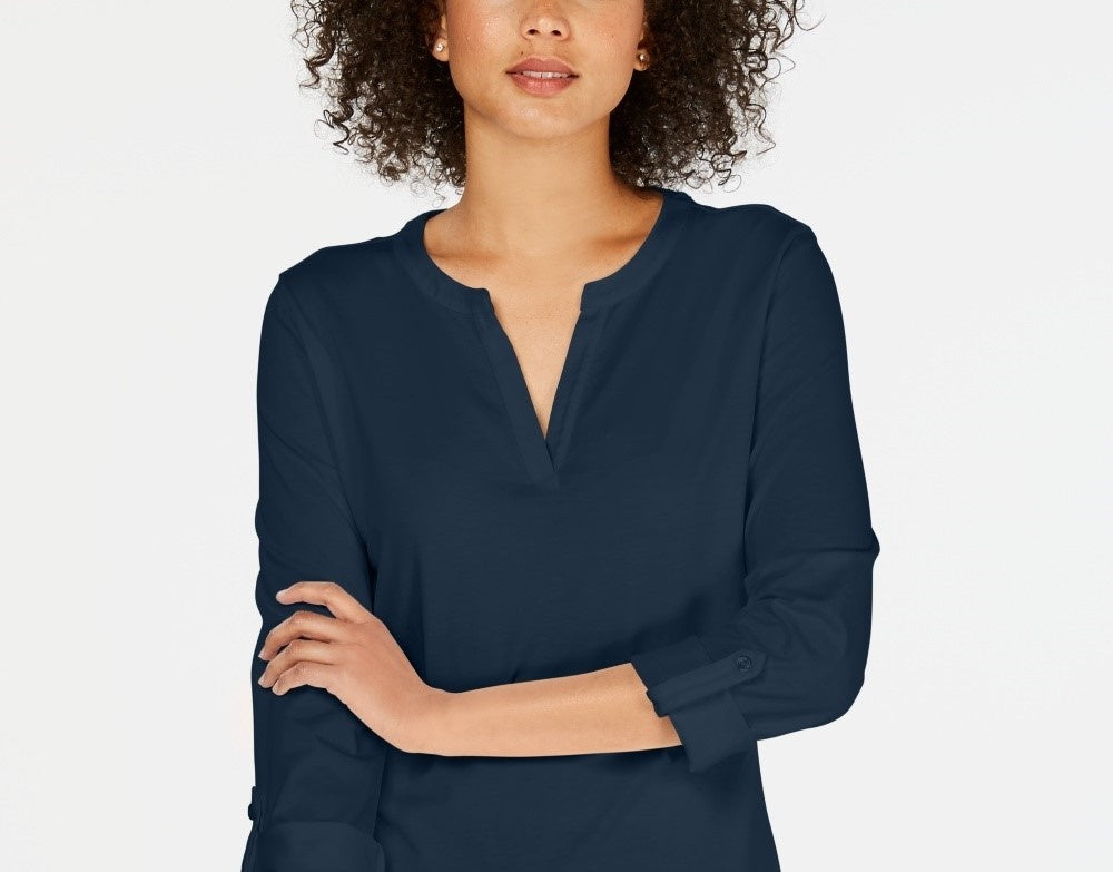 Charter Club Petite Supima Cotton Top com decote aberto para mulheres, azul, tamanho 44