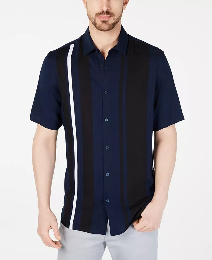 Camisa listrada estilo bowler masculina Alfani, tamanho XXX-G, azul-marinho