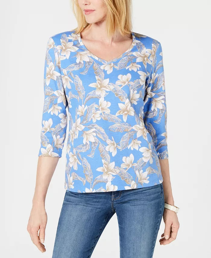 Blusa feminina Karen Scott com estampa floral e decote em V, azul, tamanho pequeno