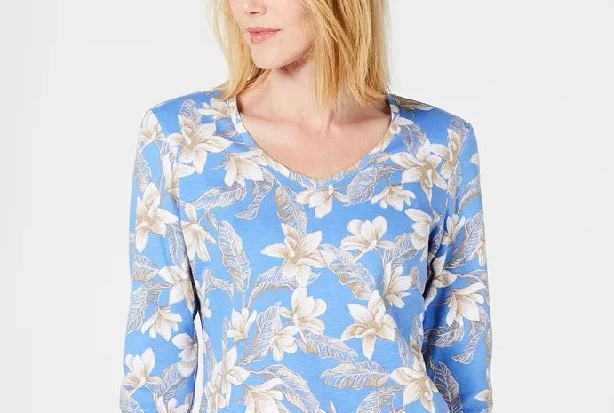 Blusa feminina Karen Scott com estampa floral e decote em V, azul, tamanho pequeno