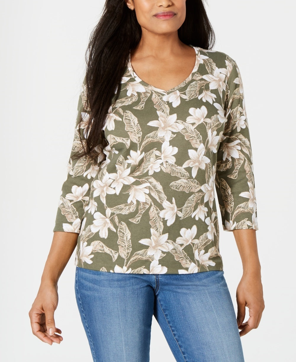Blusa feminina Karen Scott com estampa floral e decote em V, verde, tamanho pequeno