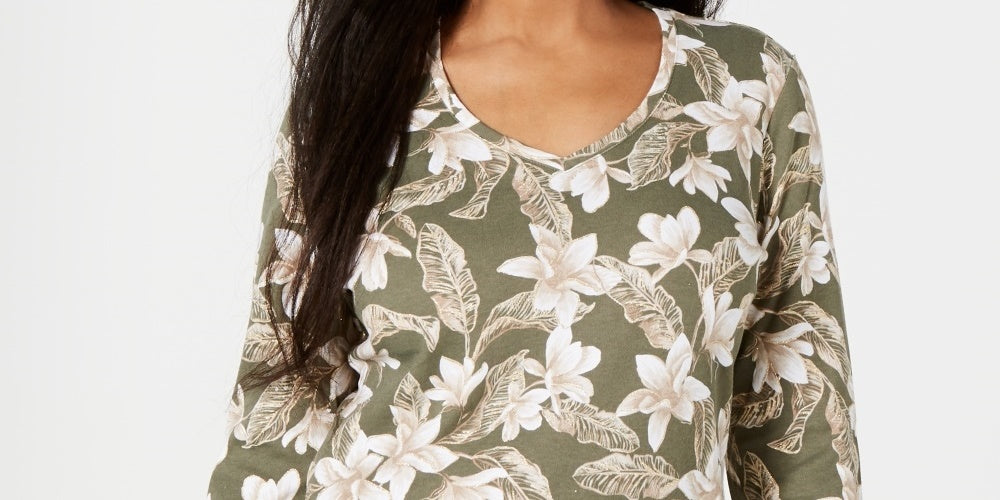 Blusa feminina Karen Scott com estampa floral e decote em V, verde, tamanho pequeno