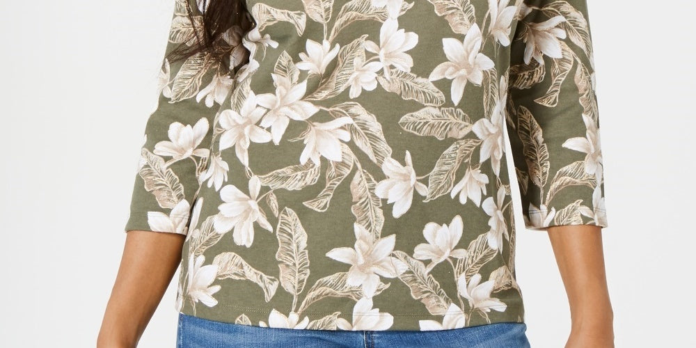 Blusa feminina Karen Scott com estampa floral e decote em V, verde, tamanho pequeno