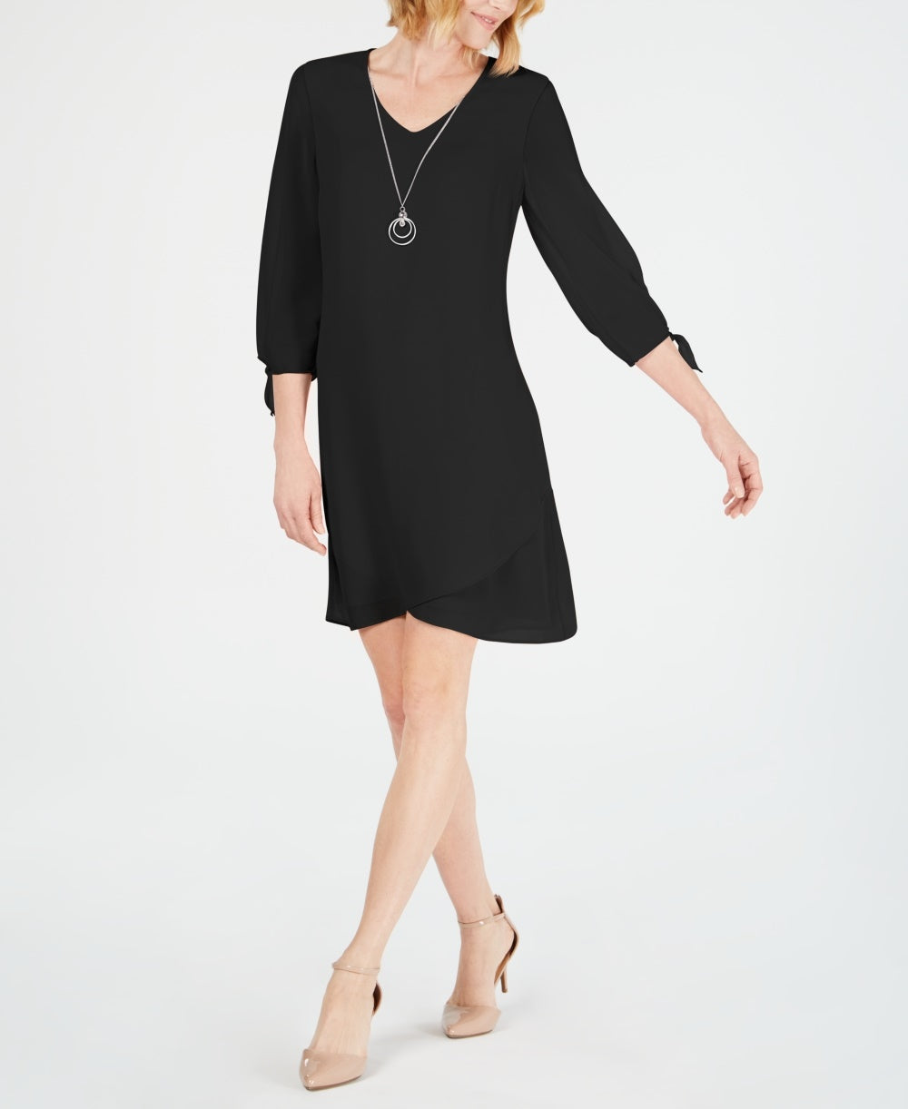 Vestido feminino com mangas amarradas e colar, preto, tamanho pequeno grande, coleção JM