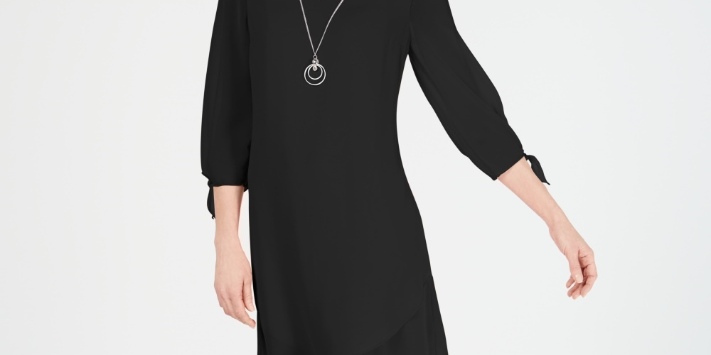 Vestido feminino com mangas amarradas e colar, preto, tamanho pequeno grande, coleção JM