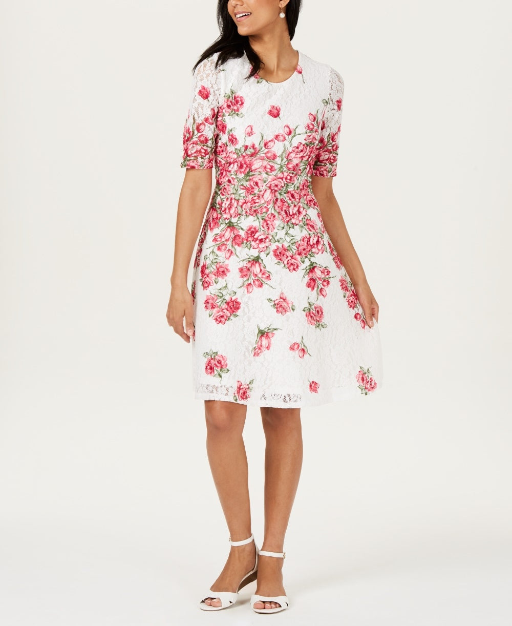 Vestido feminino Charter Club com ajuste evasê e renda, tamanho pequeno e grande, branco