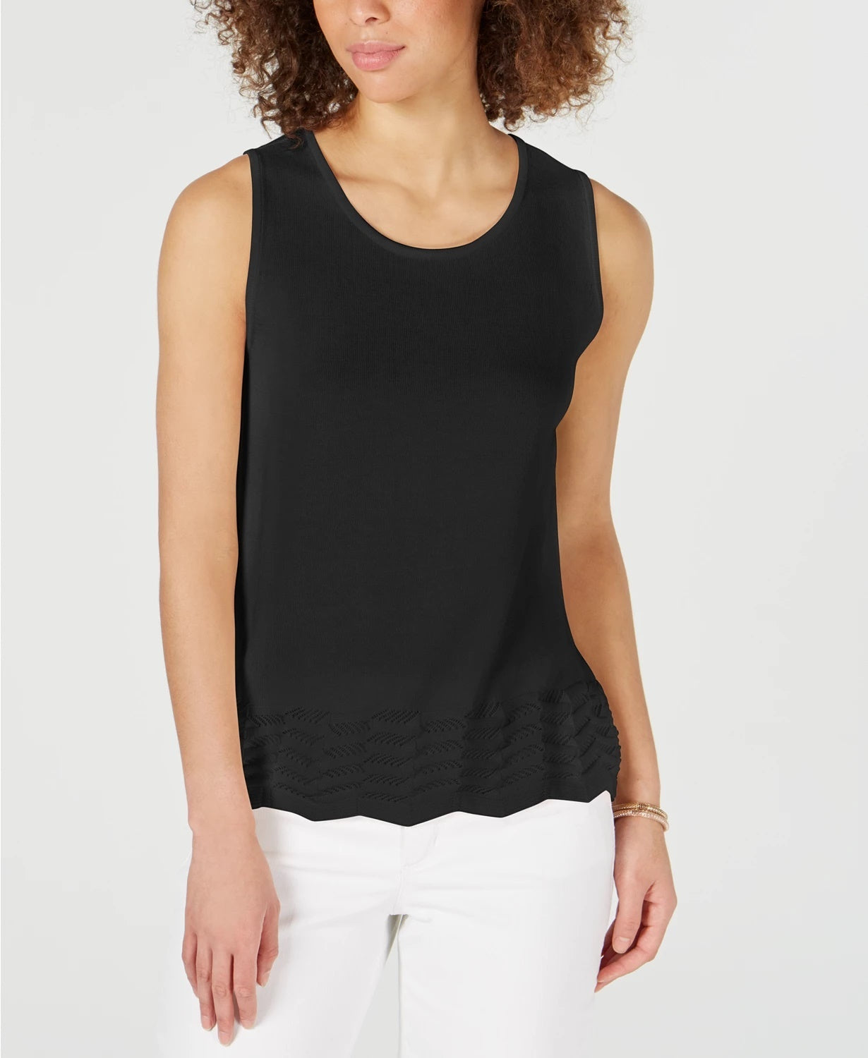 Suéter feminino sem mangas em zigue-zague Charter Club, preto, tamanho X-S