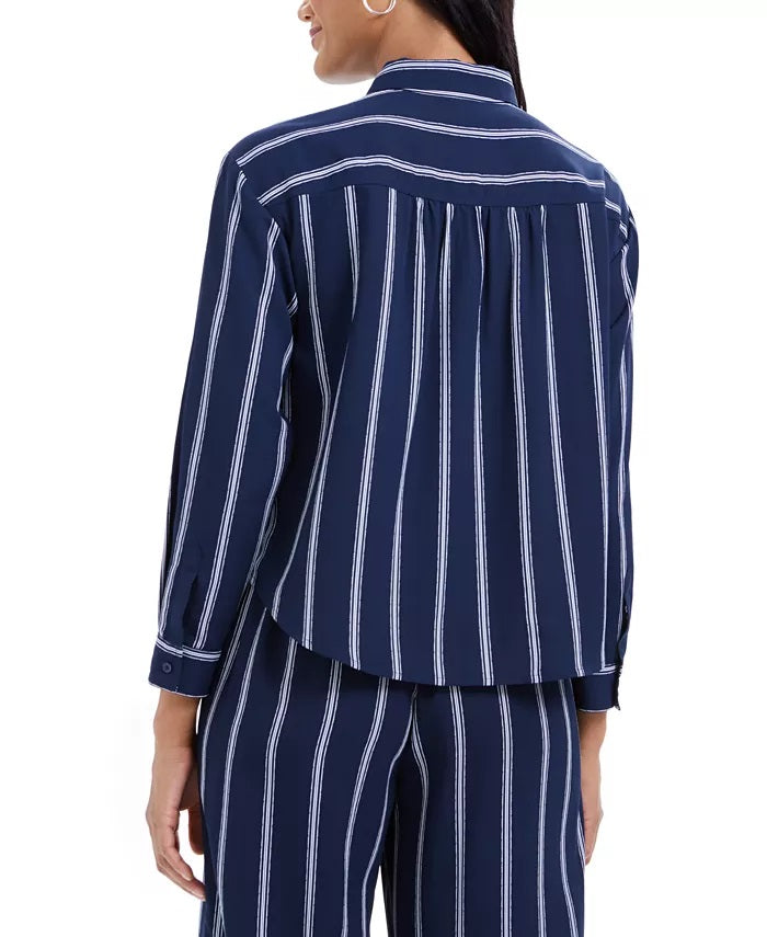 Camisa feminina listrada com amarração frontal Charter Club, azul, tamanho extragrande