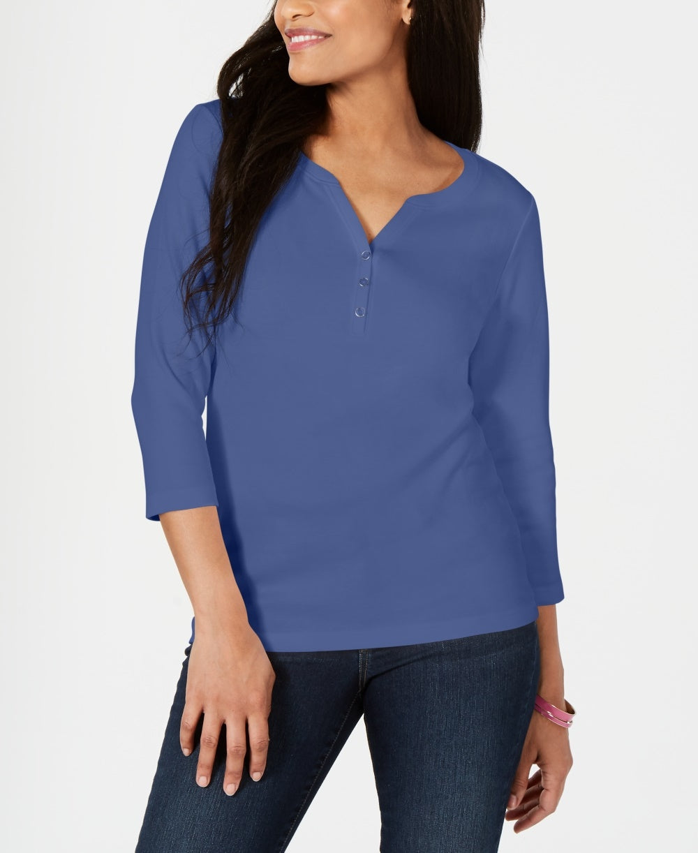 Camisa Henley de algodão pequena Karen Scott feminina, azul, tamanho pequeno grande