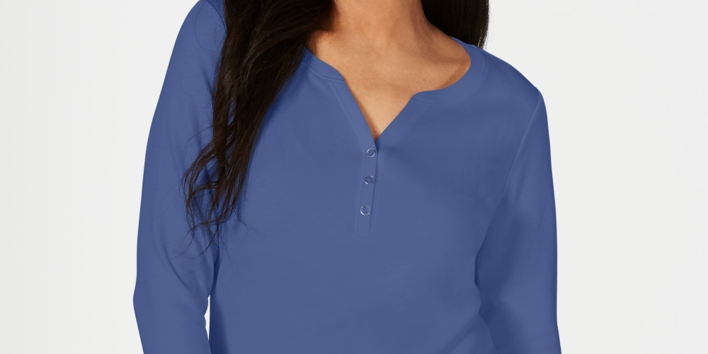 Camisa Henley de algodão pequena Karen Scott feminina, azul, tamanho pequeno grande