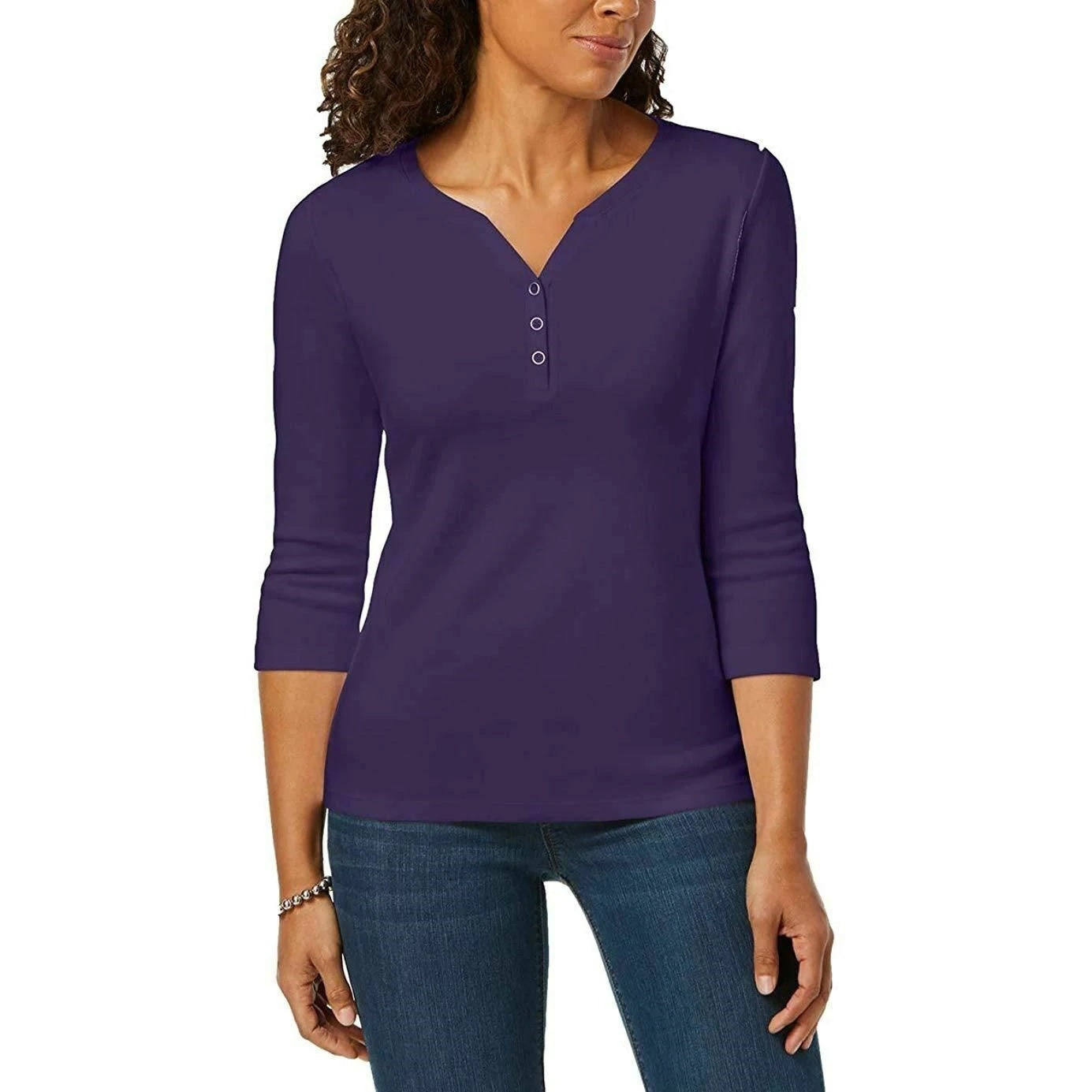 Camisa Henley de algodão pequena Karen Scott feminina, roxa, tamanho pequeno grande