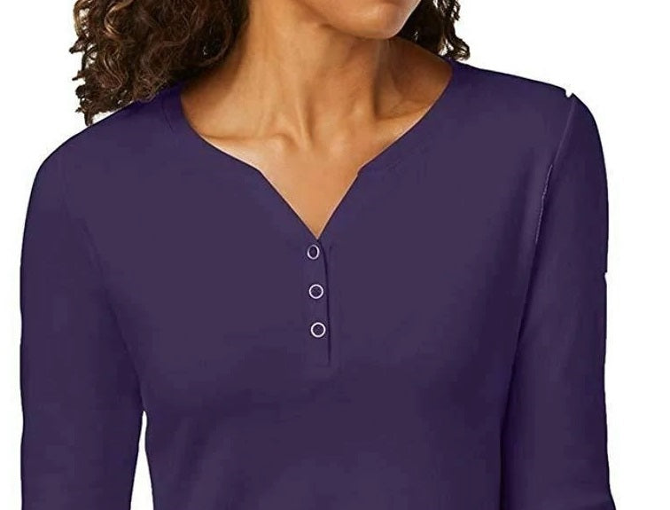 Camisa Henley de algodão pequena Karen Scott feminina, roxa, tamanho pequeno grande