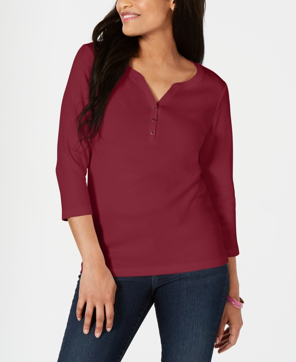 Camisa Henley de algodão feminina Karen Scott, tamanho pequeno, vermelha, pequena, pequena e média