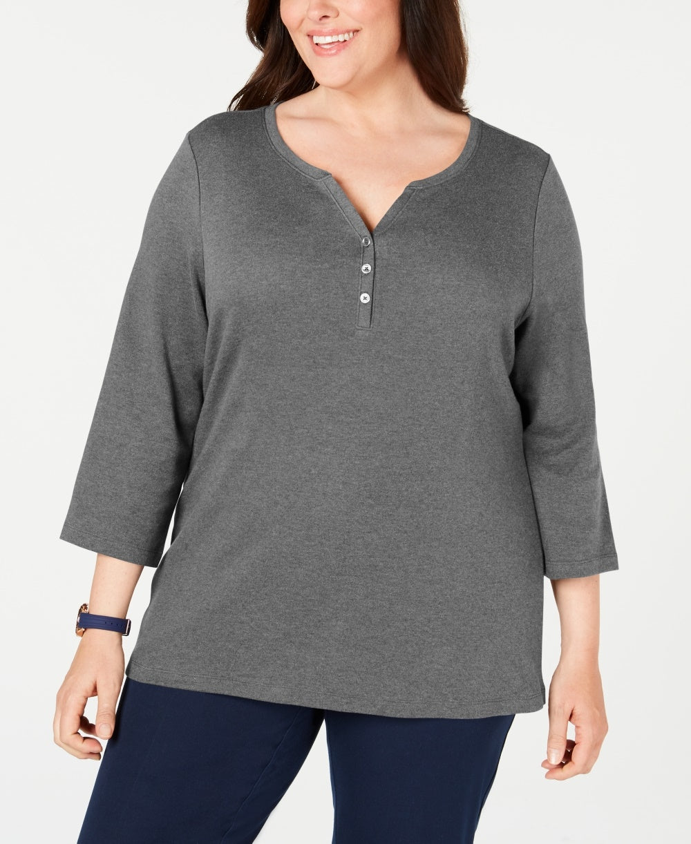 Karen Scott Blusa feminina plus size de algodão com decote aberto, cor carvão, tamanho 0X