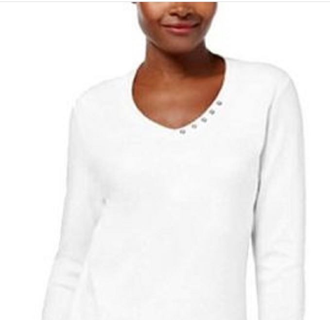 Karen Scott Blusa feminina de algodão com decote em V e acabamento em botões, branca, tamanho grande