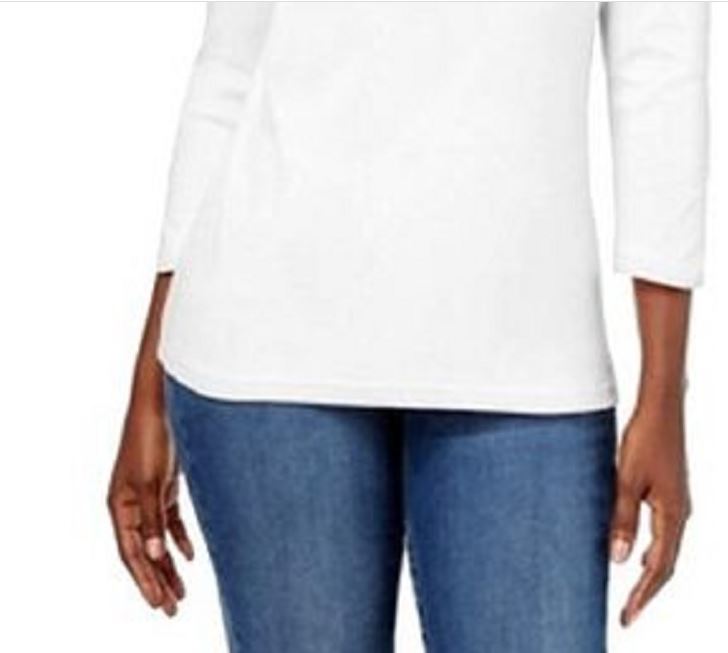 Karen Scott Blusa feminina de algodão com decote em V e acabamento em botões, branca, tamanho pequeno