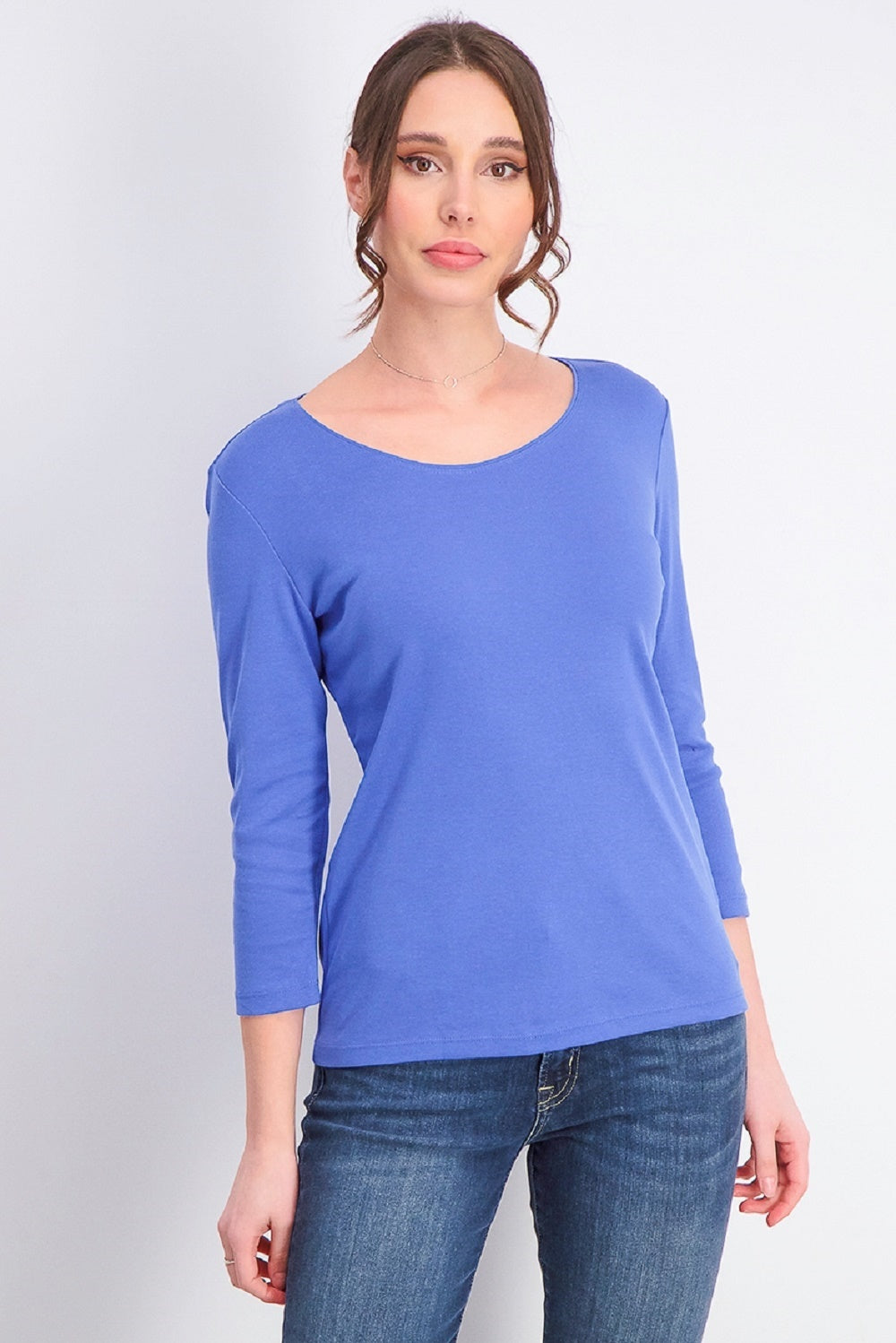 Blusa feminina Karen Scott de algodão com manga 3/4, azul, tamanho pequeno
