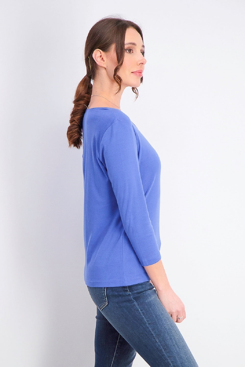 Blusa feminina Karen Scott de algodão com manga 3/4, azul, tamanho pequeno
