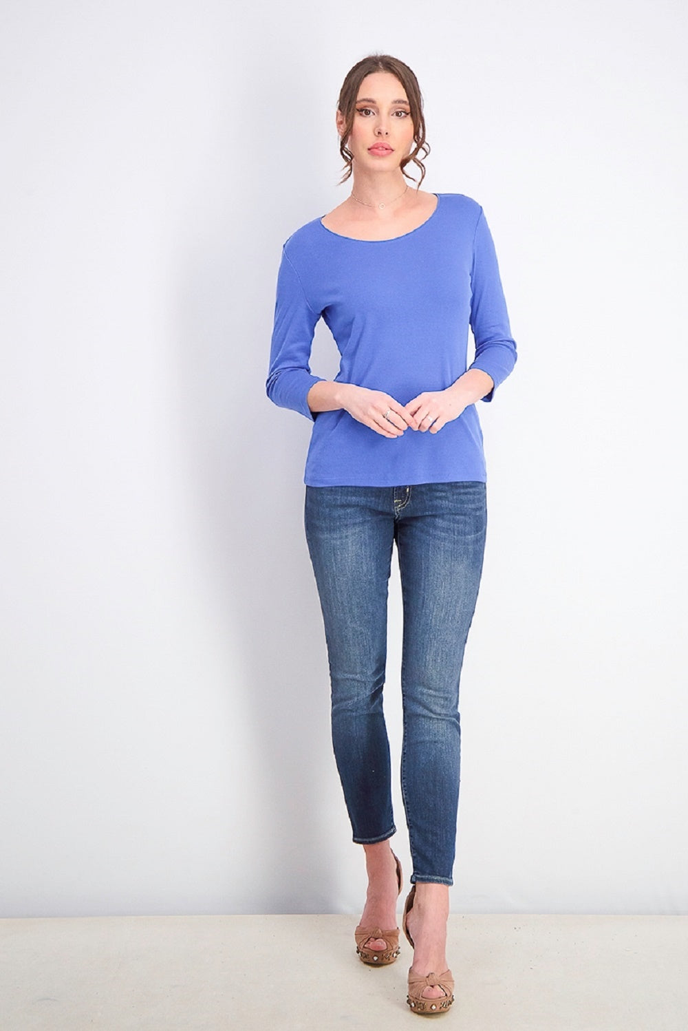 Blusa feminina Karen Scott de algodão com manga 3/4, azul, tamanho pequeno