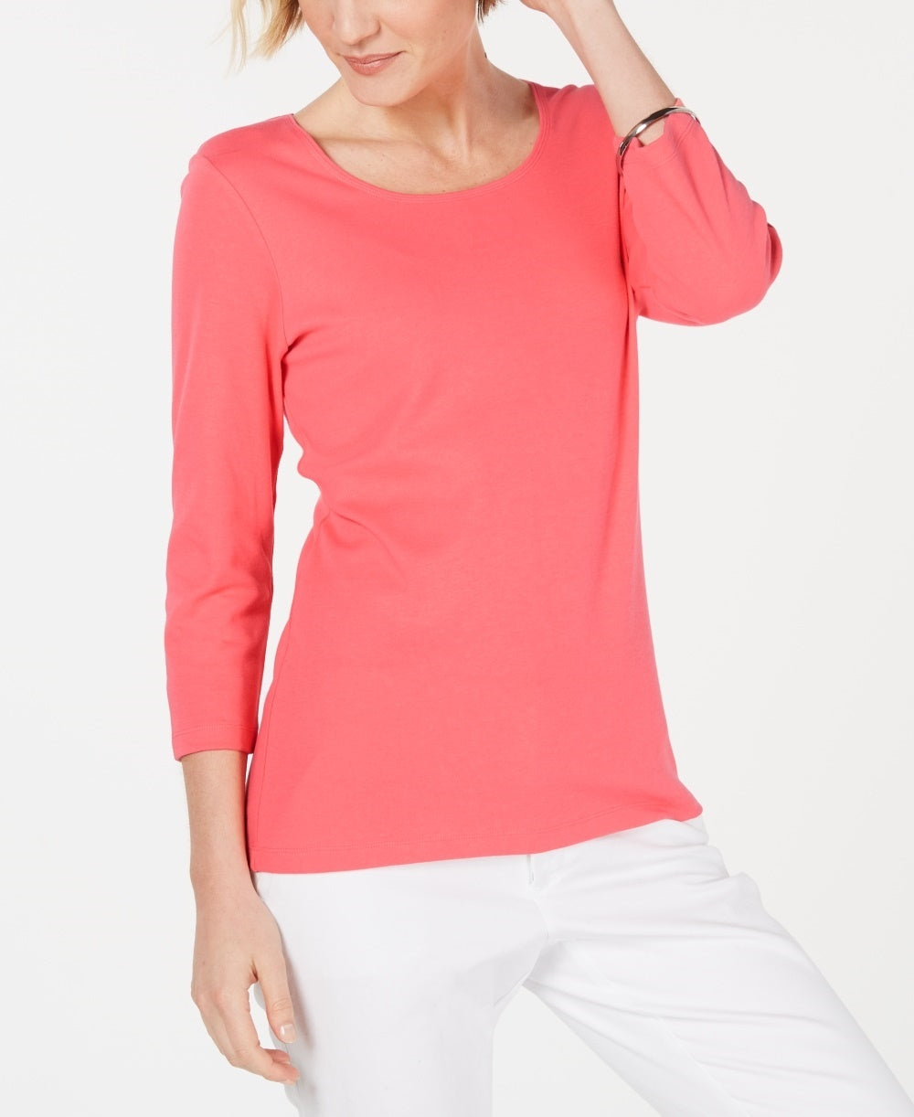 Blusa feminina Karen Scott de algodão com manga 3/4, laranja, tamanho médio