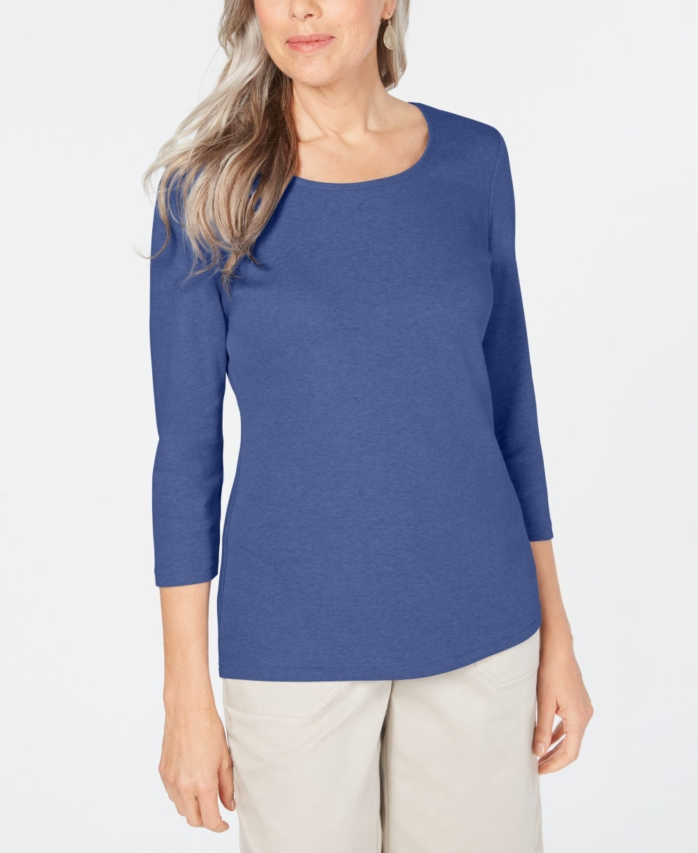 Karen Scott Top feminino de algodão com decote redondo, tamanho pequeno, azul, tamanho grande