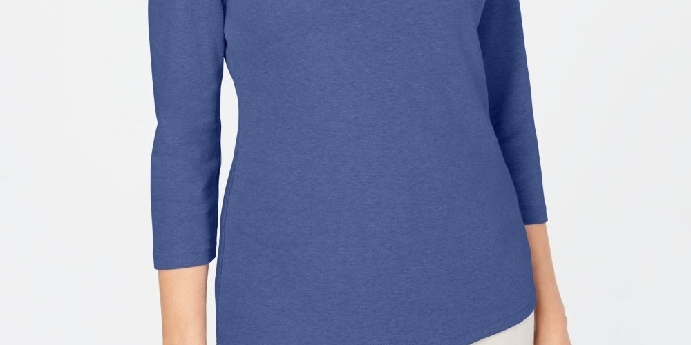 Karen Scott Blusa de algodão feminina com decote redondo, azul, tamanho pequeno médio