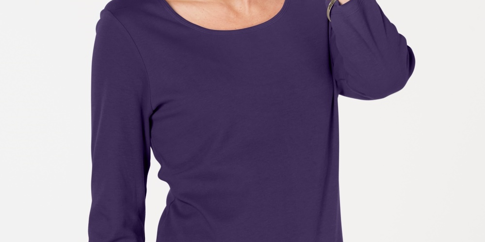 Karen Scott Top feminino de algodão com decote redondo, tamanho pequeno, roxo, tamanho grande