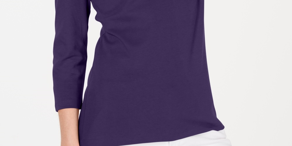 Karen Scott Top feminino de algodão com decote redondo, tamanho pequeno, roxo, tamanho grande