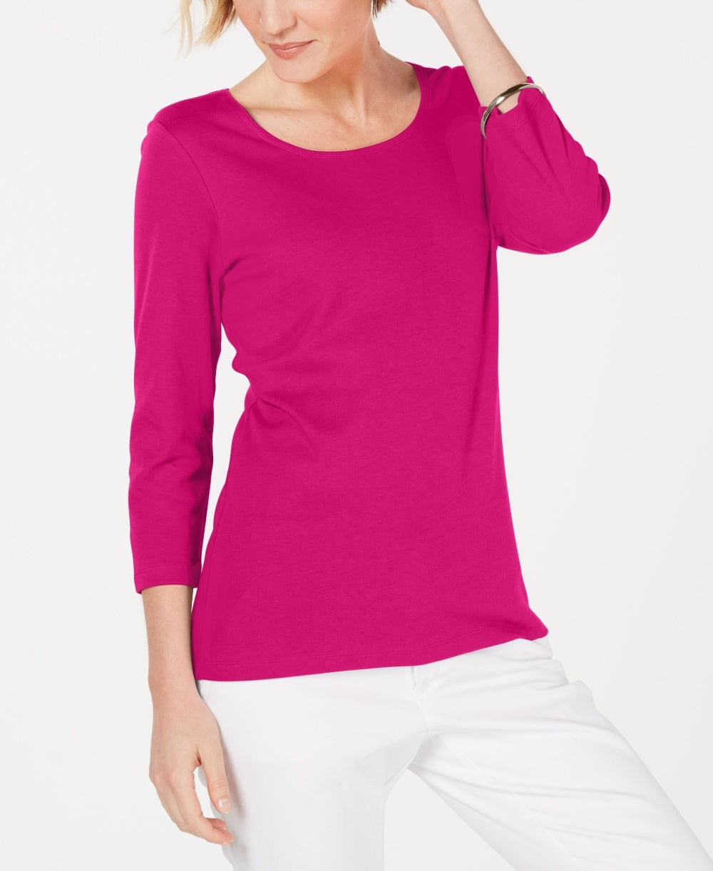 Karen Scott Top feminino de algodão com decote redondo, tamanho pequeno, vermelho, tamanho grande