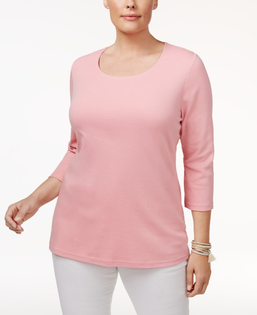 Karen Scott Blusa feminina plus size de algodão com decote redondo, rosa escuro, tamanho 0X