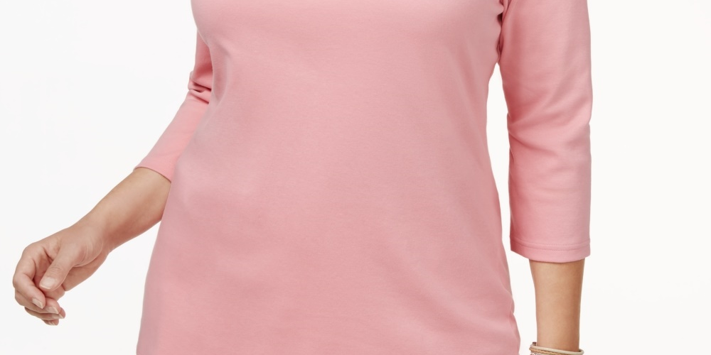 Karen Scott Blusa feminina plus size de algodão com decote redondo, rosa escuro, tamanho 0X