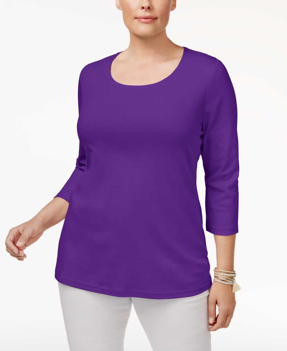 Karen Scott Blusa Plus Size Feminina de Algodão com Decote Redondo Roxo Tamanho 0x