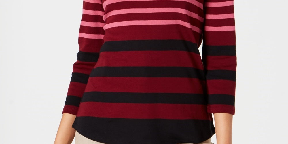 Charter Club Top feminino listrado de algodão Pima com botões e ombros, vermelho, tamanho médio