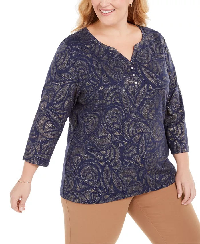 Karen Scott Top Henley estampado plus size feminino azul tamanho 0X