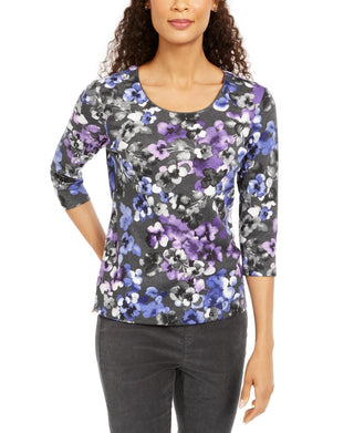 Karen Scott Women's Printed 3/4 Sleeve Top -Gray- Size Petite Small-Medium