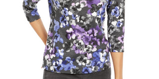 Karen Scott Women's Printed 3/4 Sleeve Top -Gray- Size Petite Small-Medium