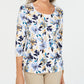 Blusa feminina Karen Scott com estampa floral e manga 3/4, tamanho azul marinho, pequena e pequena