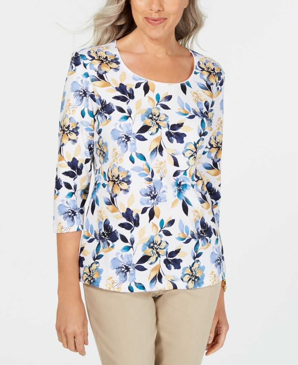 Blusa feminina Karen Scott com estampa floral e manga 3/4, tamanho azul marinho, pequena e pequena