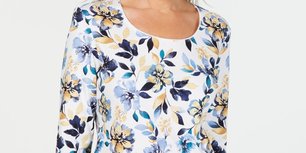 Blusa feminina Karen Scott com estampa floral e manga 3/4, tamanho azul marinho, pequena e pequena
